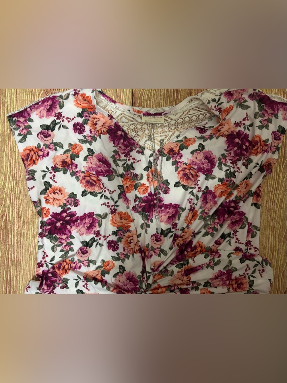 Bobbie Brooks White Floral Twist-Front Top in Purple & Orange